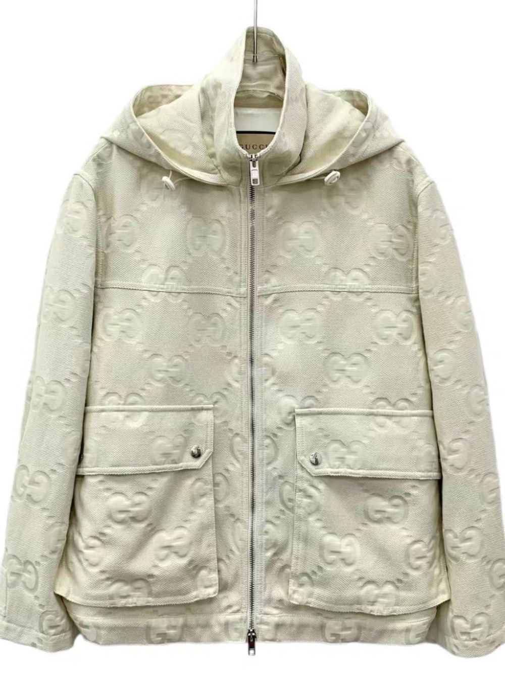 Gucci Cream Hooded Zip Puffer With Embossed GG